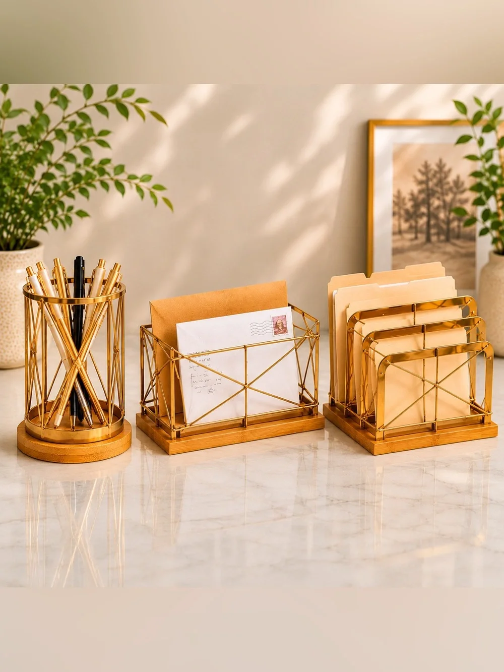 Gold Metal & Bamboo Desk Organizer Set – Modern Office Accessories